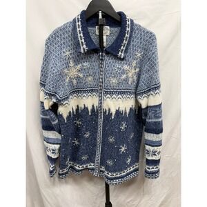 Vintage Stitches in Time Women's Blue and White Winter Snow Knit Zip Up Cardigan